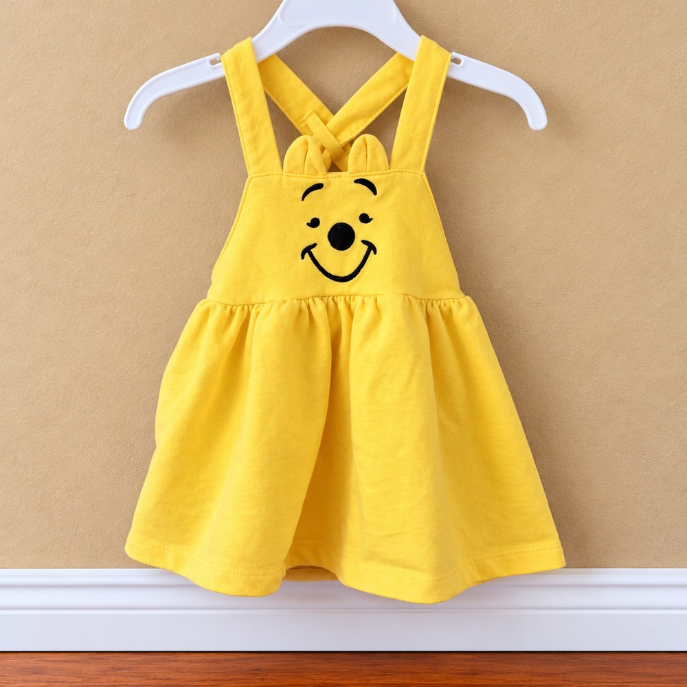Disney Baby Winnie the Pooh Yellow Dress Jumper 6-9M Embroidered Face Kidcore